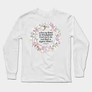 Cotton, Lavender, and Eucalyptus Wreath with Psalm 61 Calligraphy Long Sleeve T-Shirt